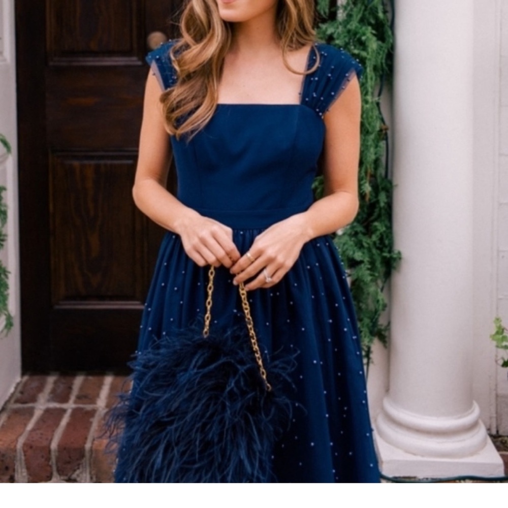 Gal Meets Glam Delores Navy Blue Pearl Beaded Dress Size 6